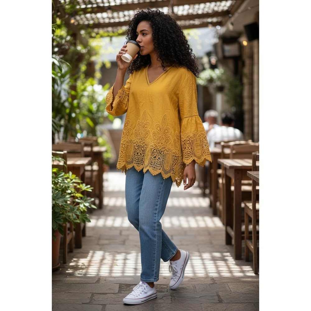 Chico's Yellow Cotton Embroidered Blouse Crochet Trim Boho Coastal Size 2‎ L/XL